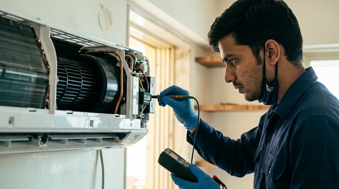 Representative image of a technician testing a split AC indoor unit