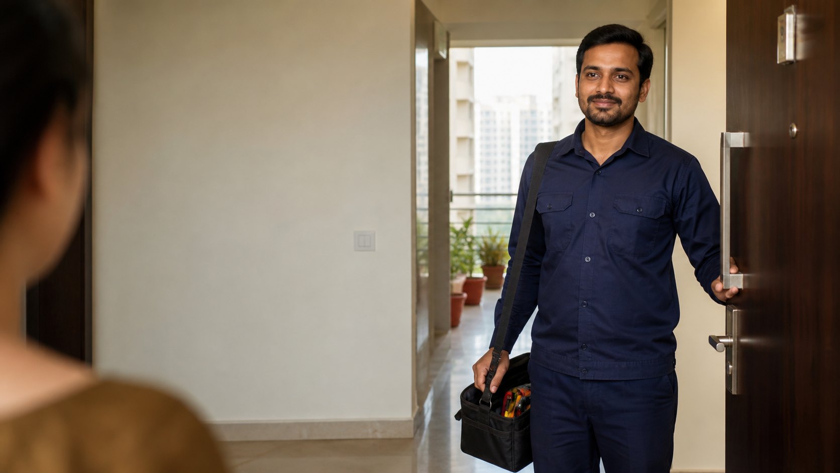 Representative image of a home-service technician arriving at an apartment